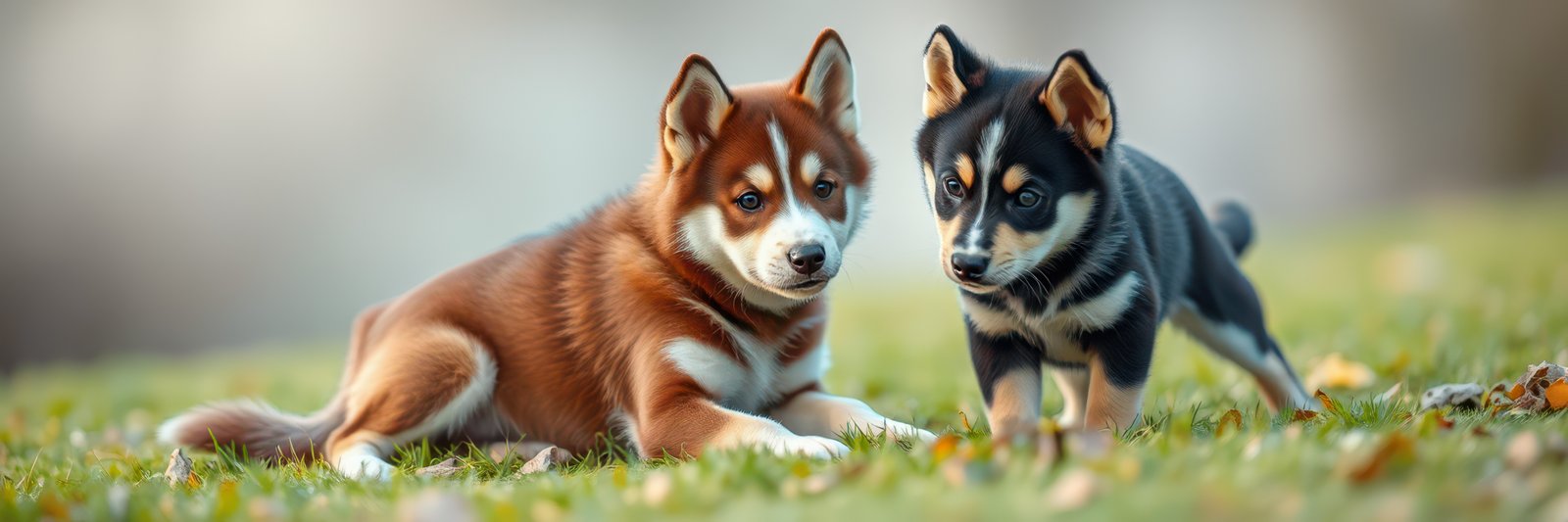 Two charming young dogs playing together on green grass in a serene outdoor setting during late afternoon